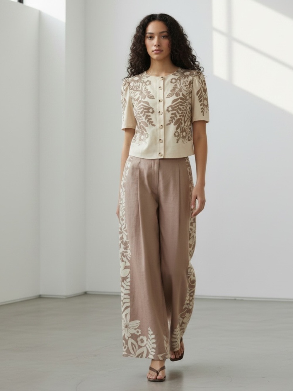1327 • Taupe & Cream Reverse Floral Print Wide Leg Pleated Pants Two Piece Set